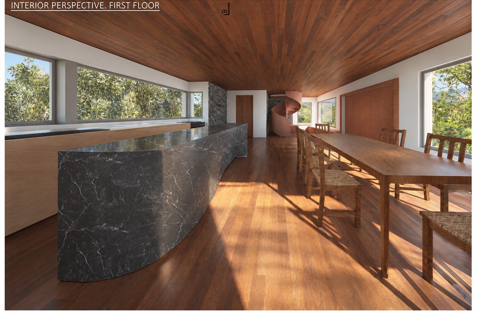First-floor kitchen and dining visualization for Hillside House
