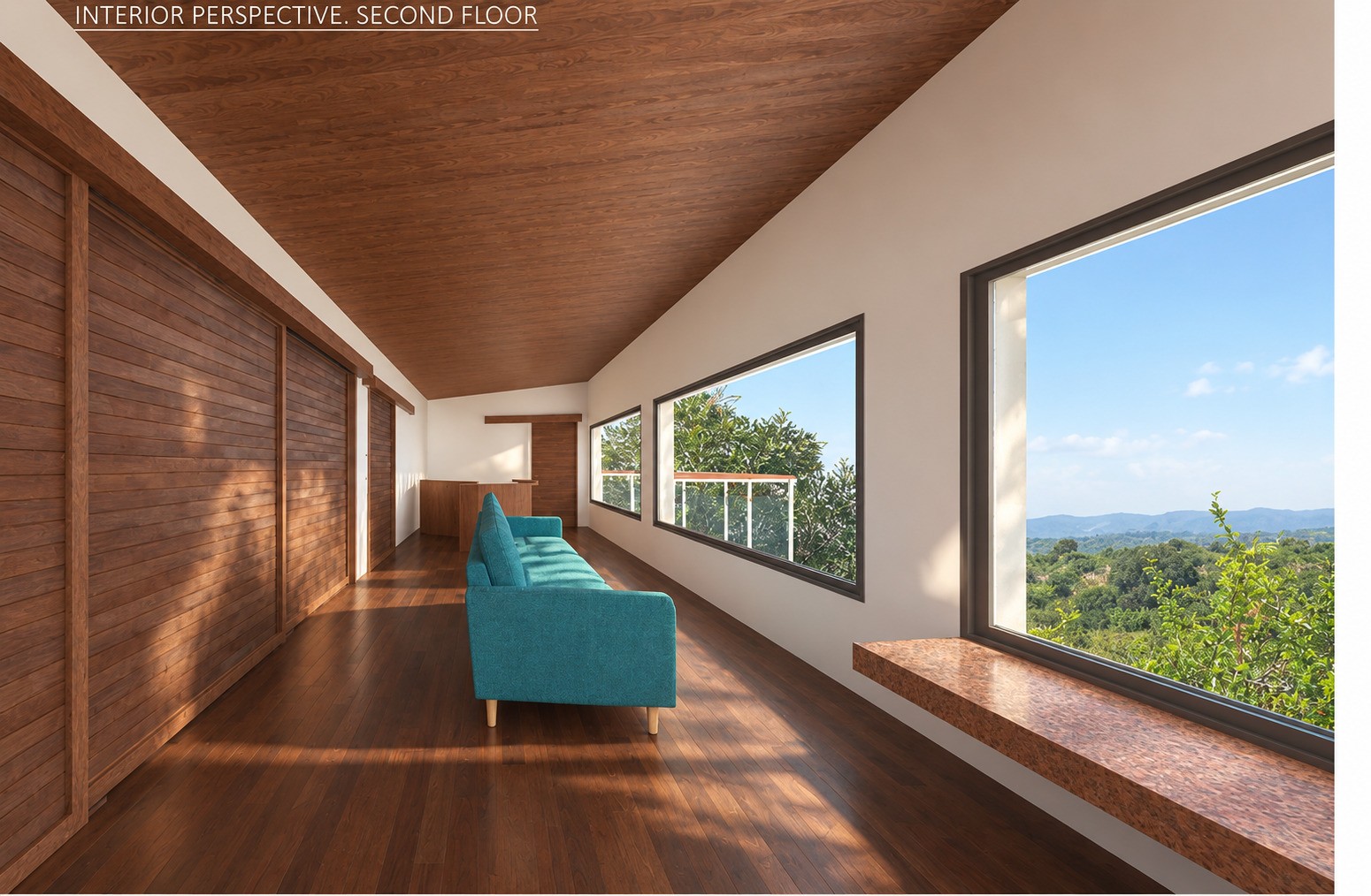 Upper-level living visualization for Hillside House
