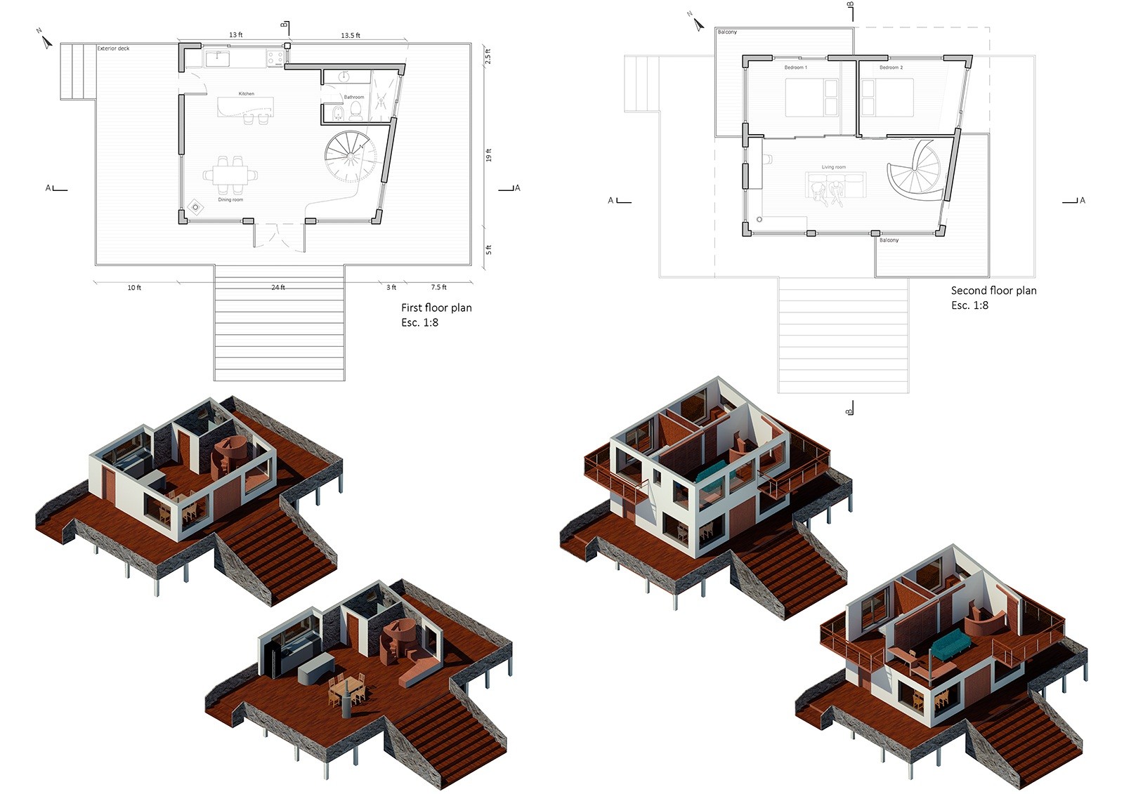 Plans and exploded axonometric sequence for Hillside House