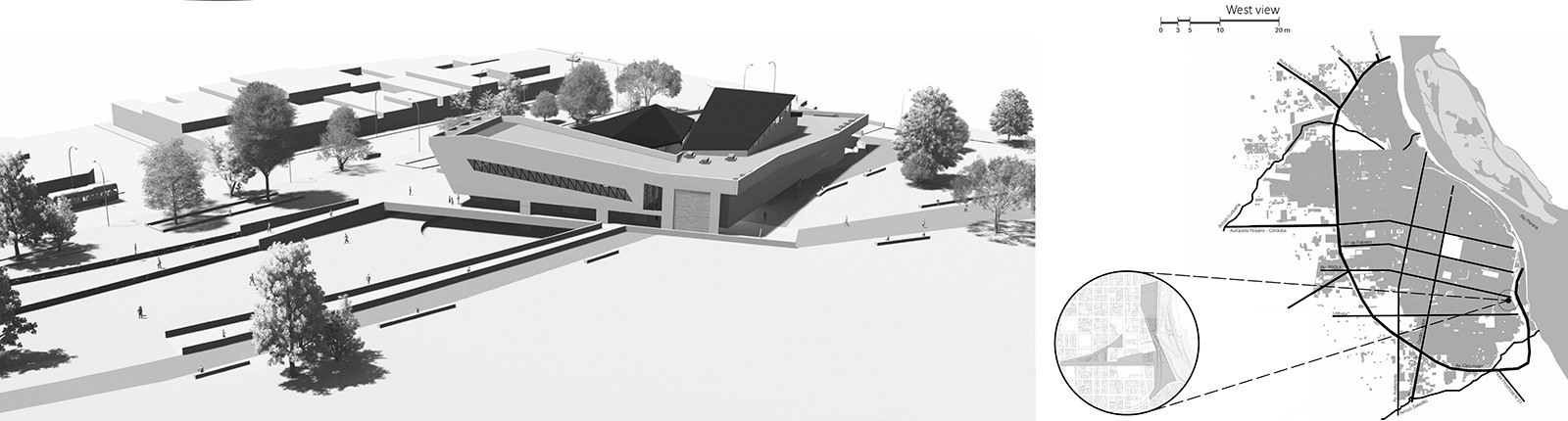 Black and white axonometric view for the Community Museum